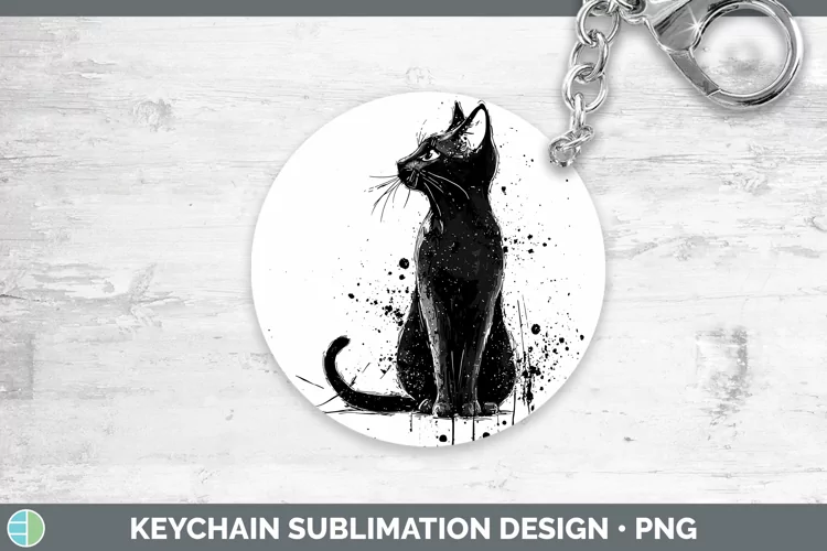 Watercolor Splash Black Cat Keychain Sublimation Keyring Des