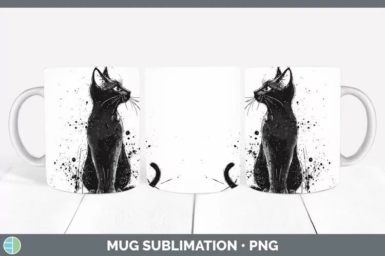 Watercolor Splash Black Cat Mug Wrap Sublimation Coffee Cup