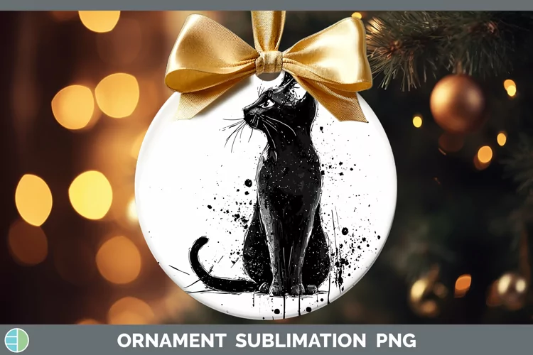 Watercolor Splash Black Cat Ornament Sublimation Bauble Desi