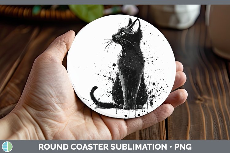 Watercolor Splash Black Cat Round Coaster Sublimation Coaste