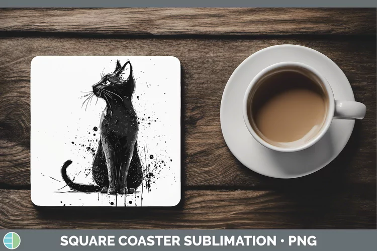 Watercolor Splash Black Cat Square Coaster Sublimation Coast