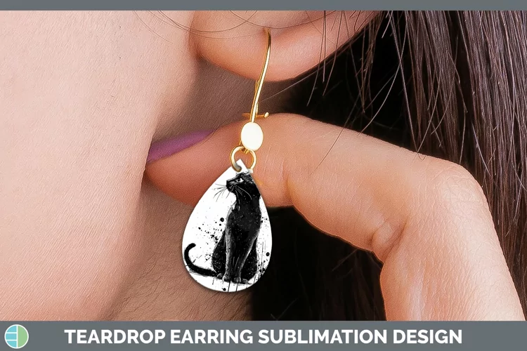 Watercolor Splash Black Cat Teardrop Earrings Sublimation Ea