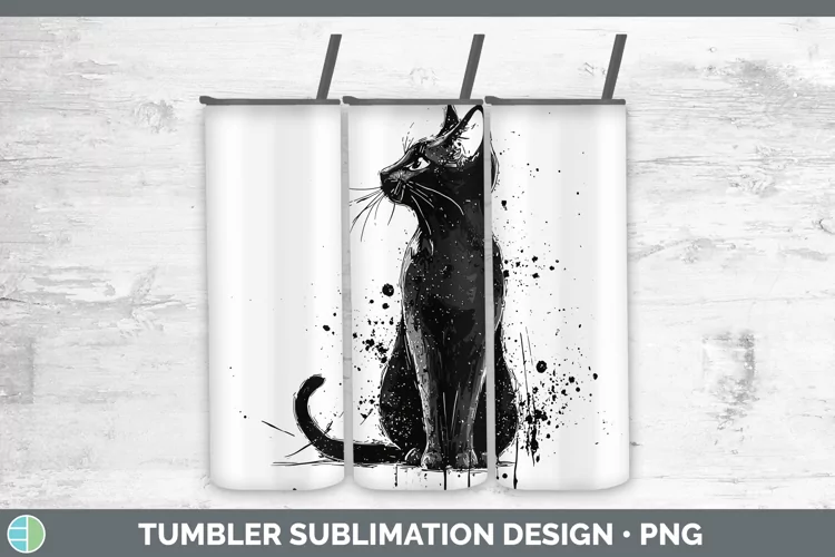 Watercolor Splash Black Cat Tumbler Sublimation 20 oz Skinny