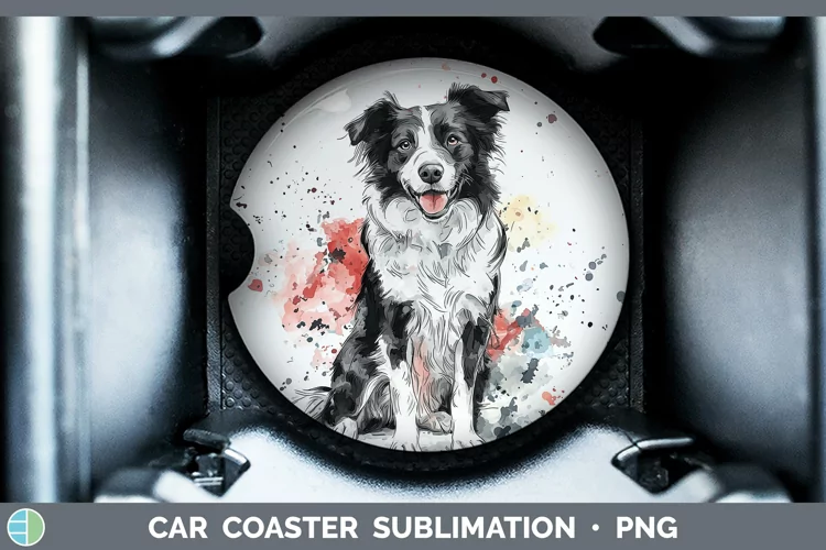 Watercolor Splash Border Collie Car Coaster Sublimation Des