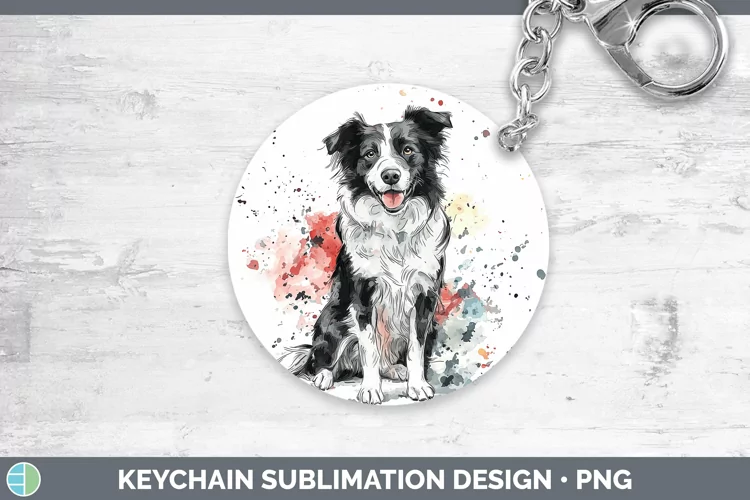 Watercolor Splash Border Collie Keychain Sublimation Keyring