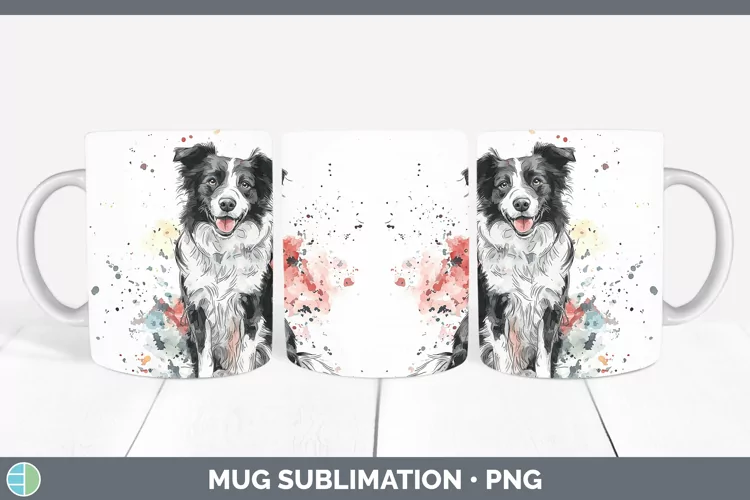 Watercolor Splash Border Collie Mug Wrap Sublimation Coffee