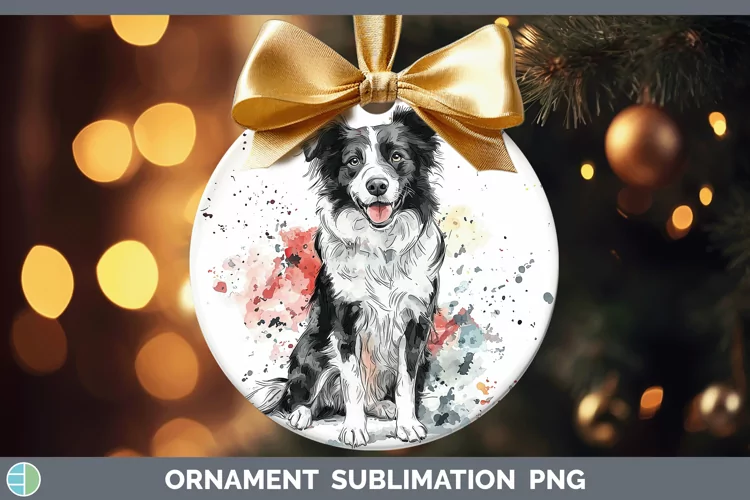 Watercolor Splash Border Collie Ornament Sublimation Bauble