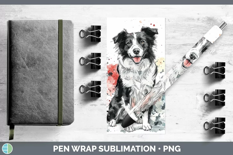 Watercolor Splash Border Collie Pen Wrap Sublimation Pen Des