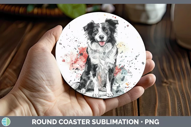 Watercolor Splash Border Collie Round Coaster Sublimation Co