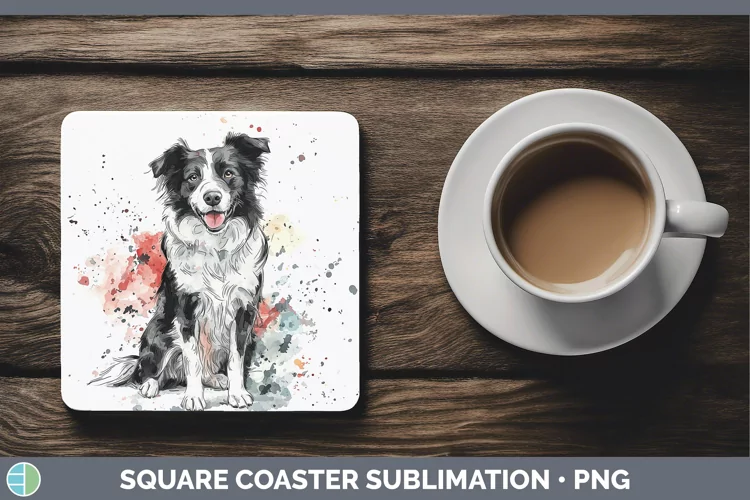 Watercolor Splash Border Collie Square Coaster Sublimation C