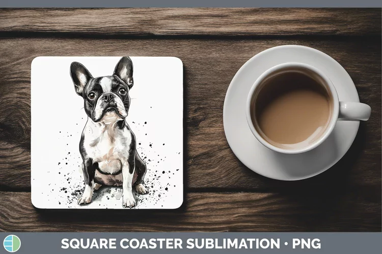 Watercolor Splash Boston Terrier Square Coaster Sublimation
