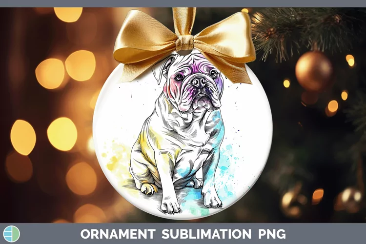 Watercolor Splash Bulldog Ornament Sublimation Bauble Design