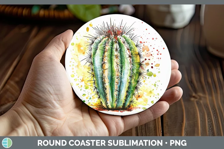 Watercolor Splash Cactus Round Coaster Sublimation Coaster D