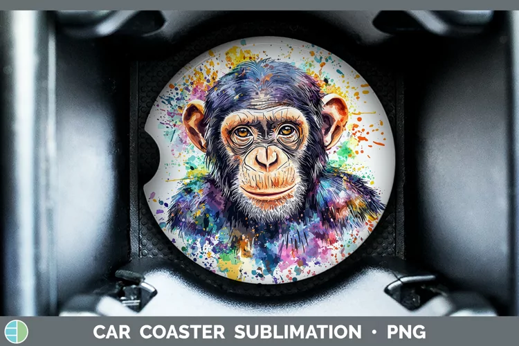 Watercolor Splash Chimpanzee Car Coaster Sublimation Design