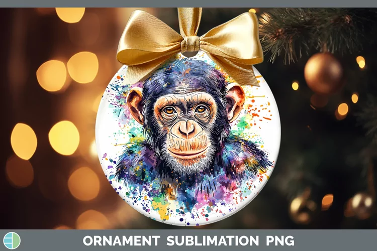 Watercolor Splash Chimpanzee Ornament Sublimation Bauble Des