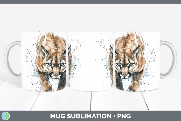 Watercolor Splash Cougar Mug Wrap Sublimation Coffee Cup Des