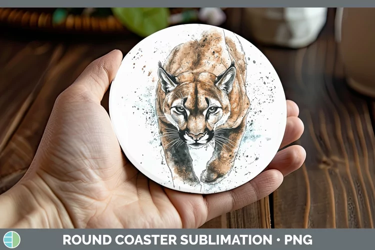 Watercolor Splash Cougar Round Coaster Sublimation Coaster D