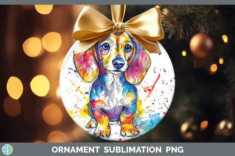 Watercolor Splash Dachshund Ornament Sublimation Bauble Desi