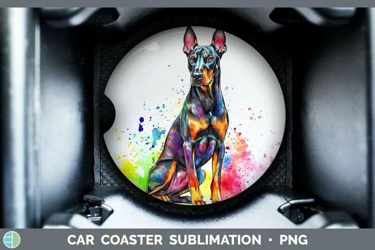 Watercolor Splash Doberman Pinscher Car Coaster Sublimation