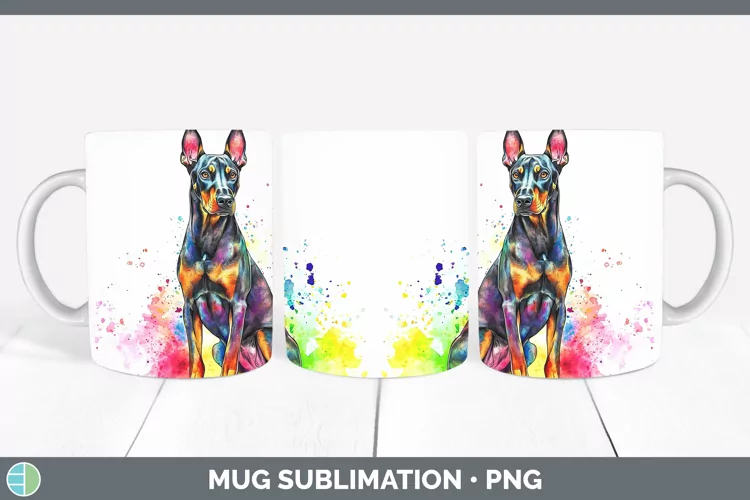 Watercolor Splash Doberman Pinscher Mug Wrap Sublimation Cof