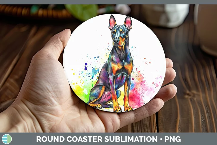 Watercolor Splash Doberman Pinscher Round Coaster Sublimatio