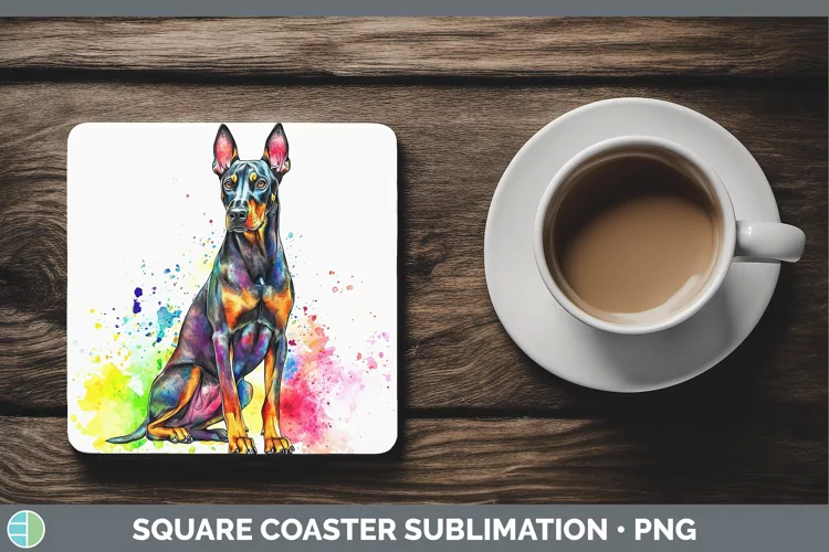 Watercolor Splash Doberman Pinscher Square Coaster Sublimati