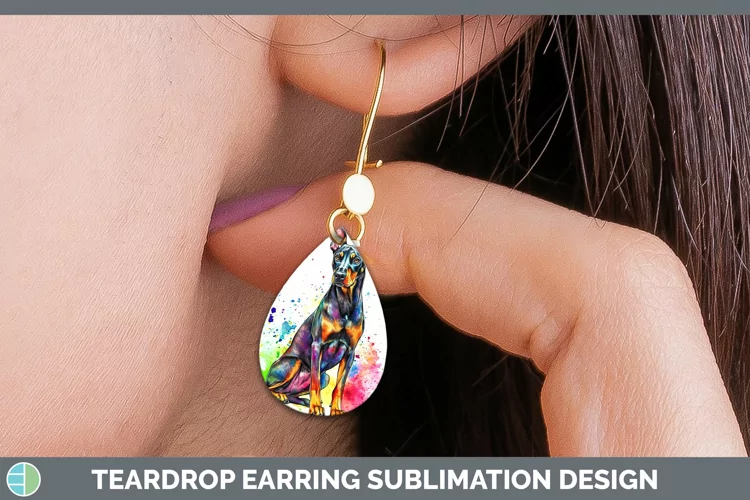 Watercolor Splash Doberman Pinscher Teardrop Earrings Sublim