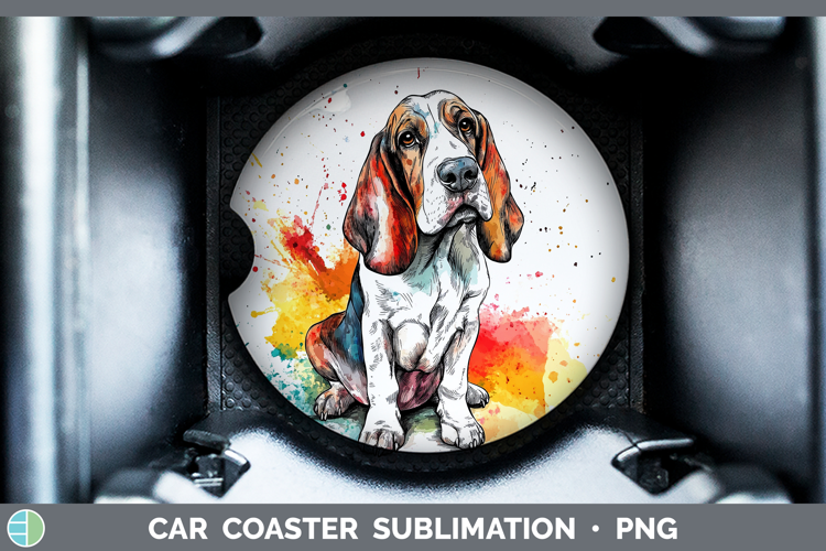 Watercolor Splash Dogs 03 Basset Hound Car Coaster Sublimati