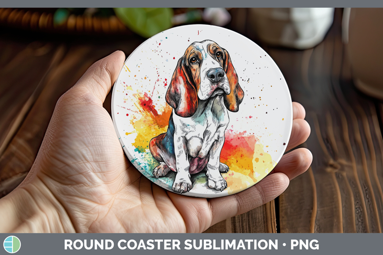 Watercolor Splash Dogs 03 Basset Hound Round Coaster Sublima