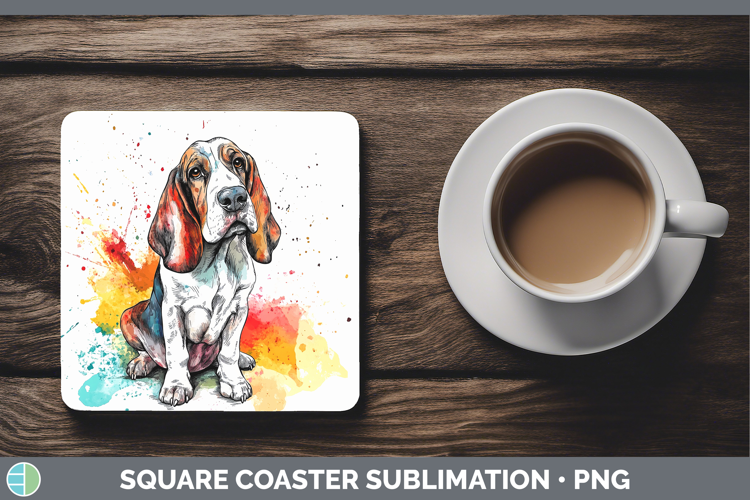Watercolor Splash Dogs 03 Basset Hound Square Coaster Sublim