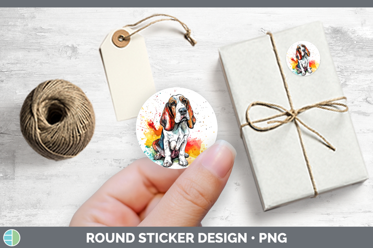 Watercolor Splash Dogs 03 Basset Hound Stickers | Round Labe
