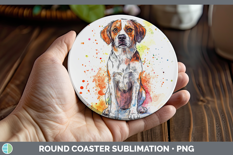 Watercolor Splash Dogs 03 Brittany Dog Round Coaster Sublima