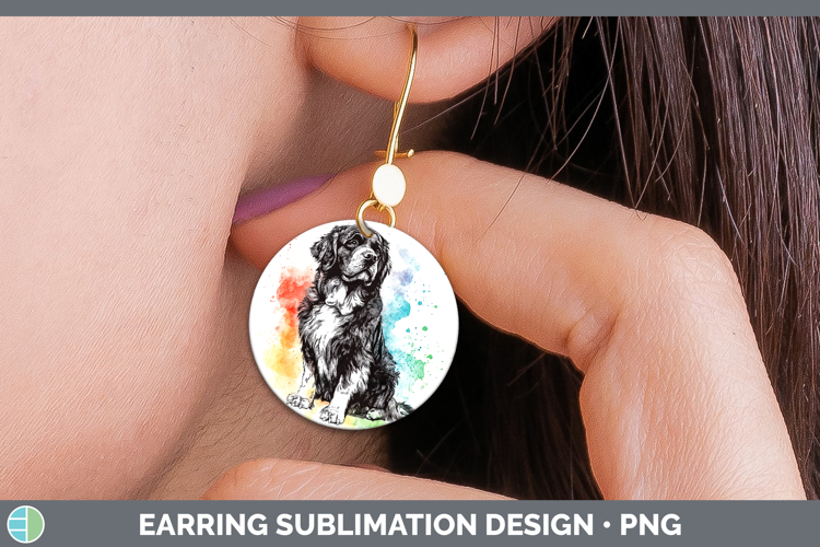 Watercolor Splash Dogs 03 Newfoundland Round Earrings Sublim