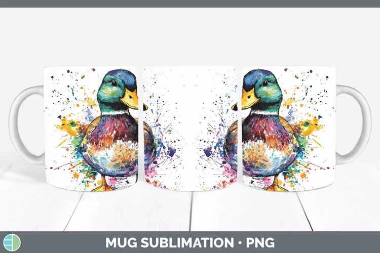 Watercolor Splash Duck Mug Wrap Sublimation Coffee Cup Desig