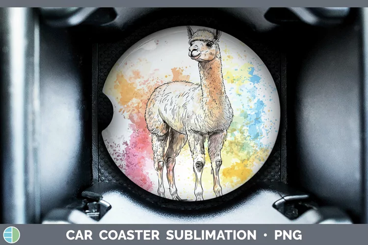 Watercolor Splash Farm Alpaca Car Coaster Sublimation Desig