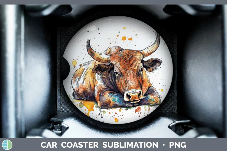 Watercolor Splash Farm Bull Car Coaster Sublimation Designs