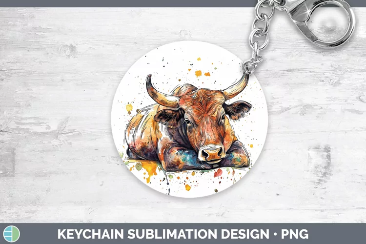 Watercolor Splash Farm Bull Keychain Sublimation Keyring Des