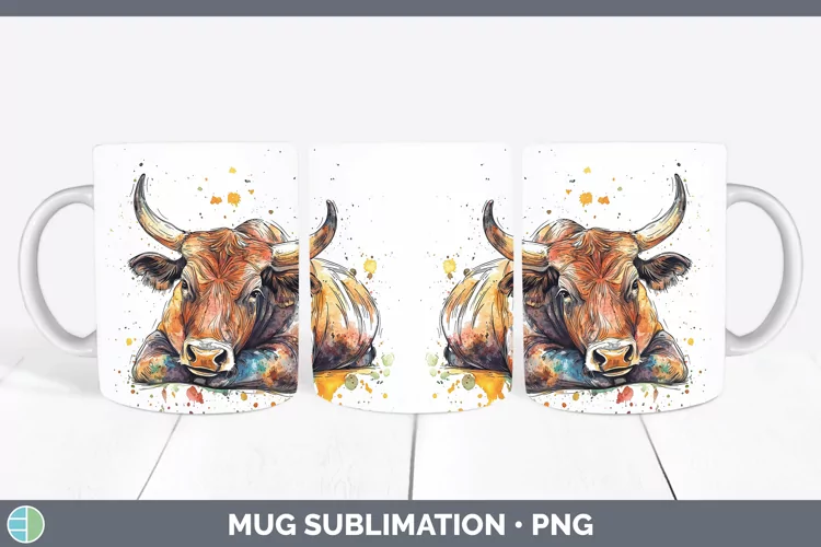 Watercolor Splash Farm Bull Mug Wrap Sublimation Coffee Cup