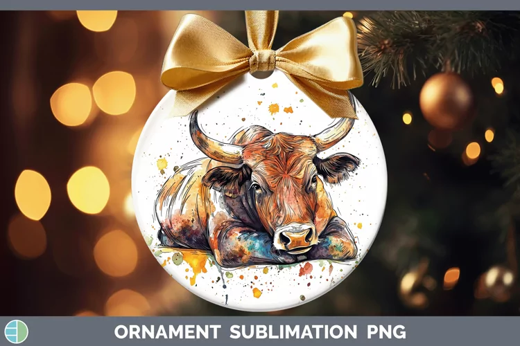 Watercolor Splash Farm Bull Ornament Sublimation Bauble Desi