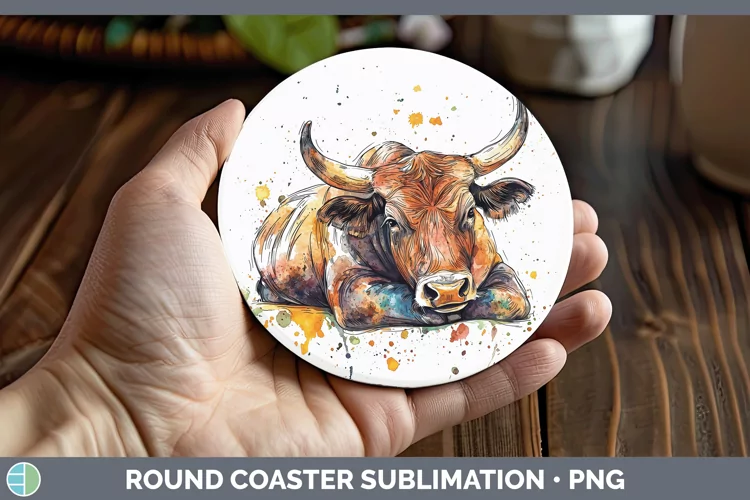 Watercolor Splash Farm Bull Round Coaster Sublimation Coaste
