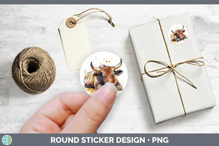 Watercolor Splash Farm Bull Stickers | Round Labels Designs
