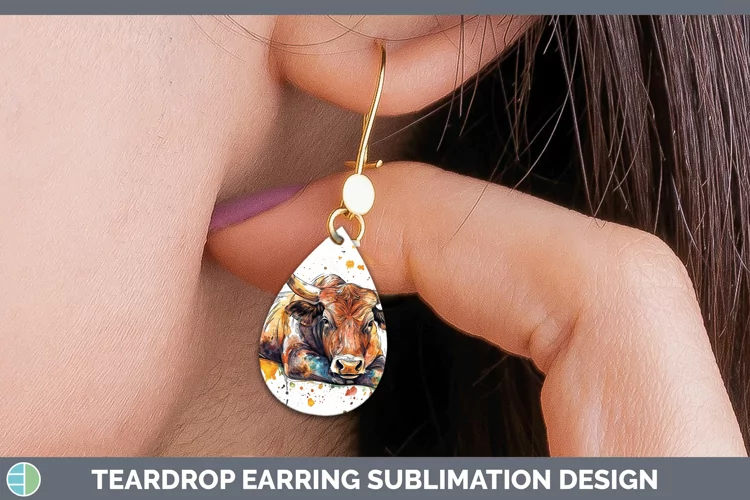 Watercolor Splash Farm Bull Teardrop Earrings Sublimation Ea