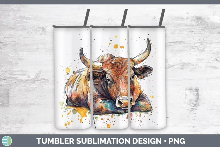 Watercolor Splash Farm Bull Tumbler Sublimation 20 oz Skinny