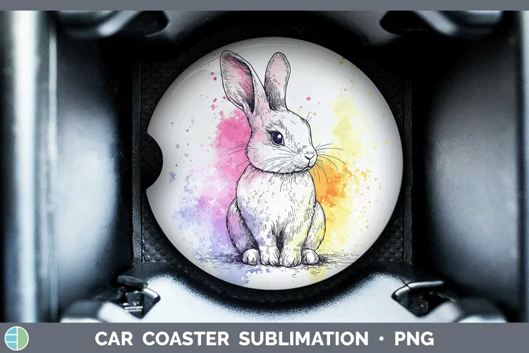 Watercolor Splash Farm Bunny Car Coaster Sublimation Design