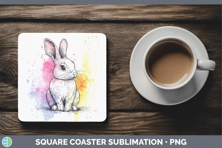 Watercolor Splash Farm Bunny Square Coaster Sublimation Coas