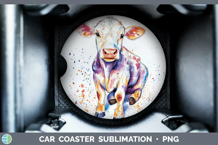 Watercolor Splash Farm Cow Car Coaster Sublimation Designs