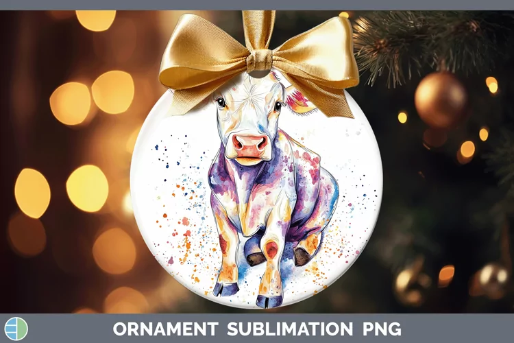 Watercolor Splash Farm Cow Ornament Sublimation Bauble Desig