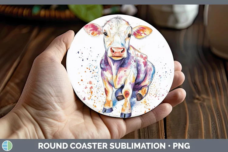 Watercolor Splash Farm Cow Round Coaster Sublimation Coaster