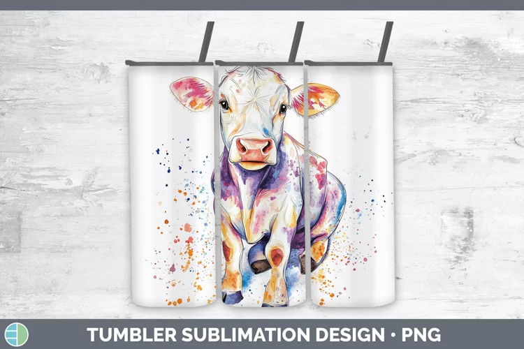 Watercolor Splash Farm Cow Tumbler Sublimation 20 oz Skinny