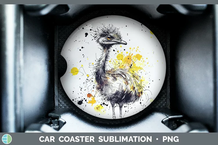 Watercolor Splash Farm Emu Car Coaster Sublimation Designs